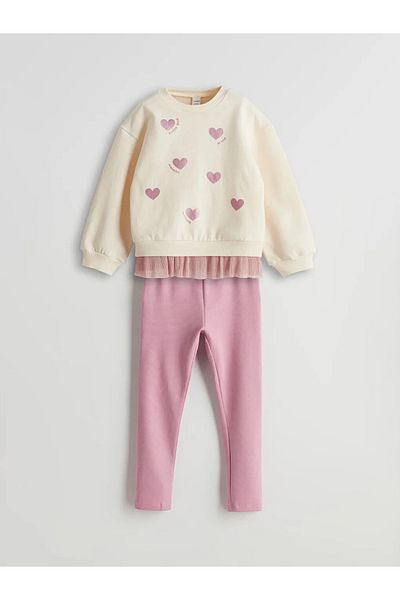LC Waikiki Lcw Kids Ecru Printed Thick Girls' Sweatshirt and Leggings 2-Piece