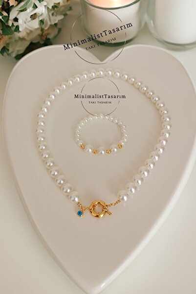 MinimalistTasarım Altın Takılan Kolye ,gemici Kilitli Inci Kolye, Çeyrekli Kolye Gemici Kilitli Kolye, Inci Kolye