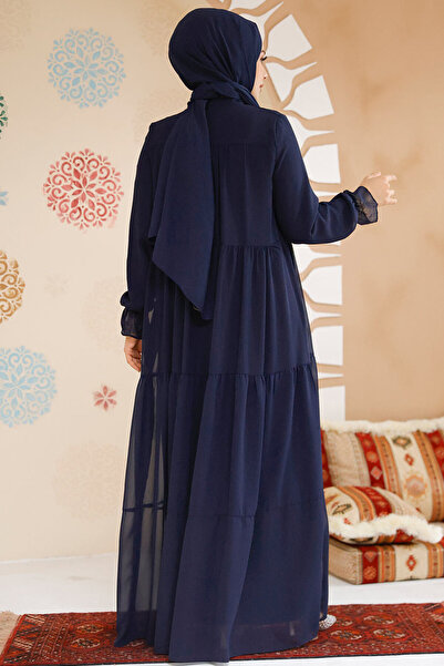 Neva Style Layered Pleated Navy Blue Hijab Chiffon Dress 23601L