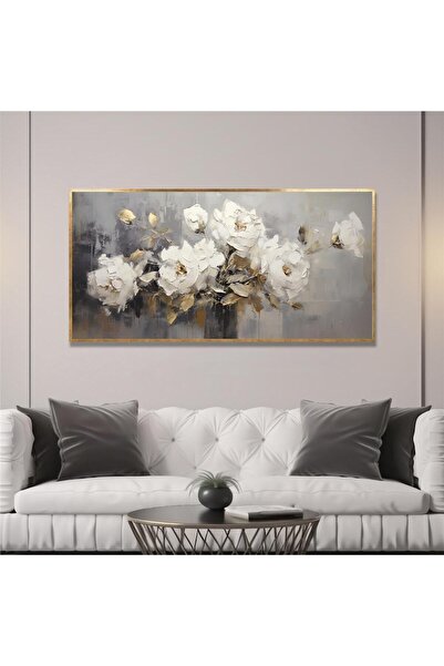 Tablosan Yağlı Boya Dokulu Tablo Vazoda Beyaz Modern Çiçekler Altın Çerçeveli U02035