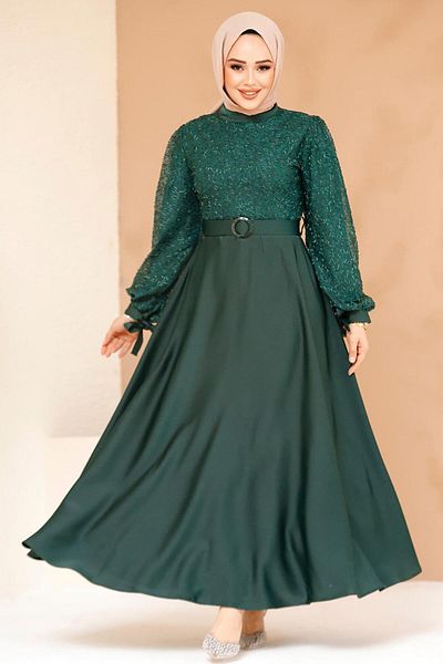 Neva Style Beaded Emerald Green Satin Hijab Evening Dress 6176Zy