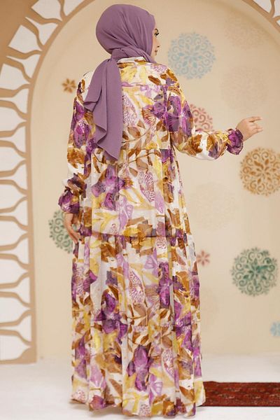 Neva Style Lilac Hijab Chiffon Dress - Floral Print, Model No: 23604Lila