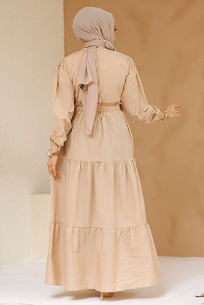 Neva Style Beige Hijab Dress - Embroidery Pattern, Model 7063Beige