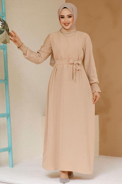 Neva Style Beige Pleated Hijab Dress - 10124Beige