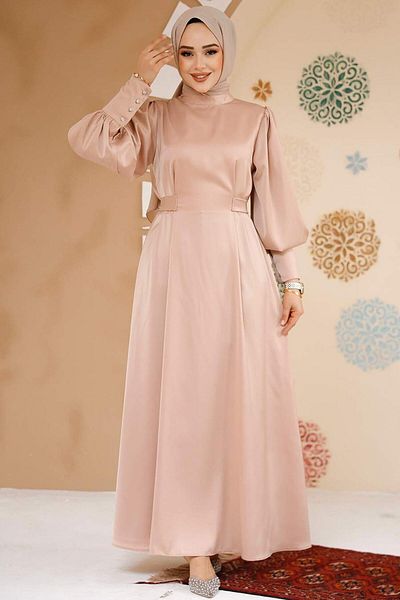 Neva Style Satin Beige Hijab Evening Dress 61651Beige