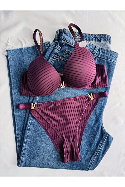 Gold Night مجموعة ملابس داخلية نسائية من الحجر الأرجواني المخطط على شكل حرف V...