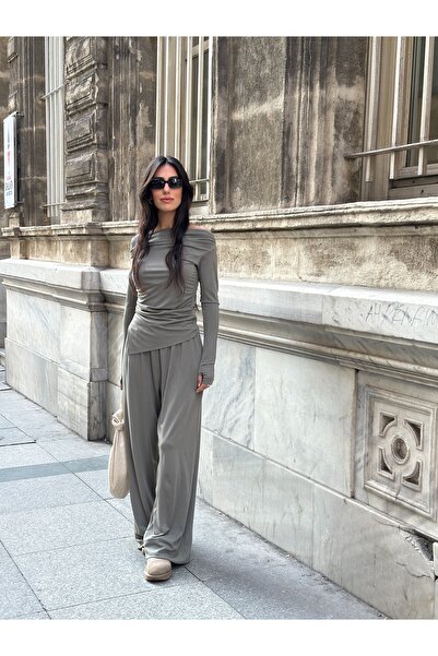 bymaestro woman Women's Draped Asymmetrical Modal Blouse Pants Set