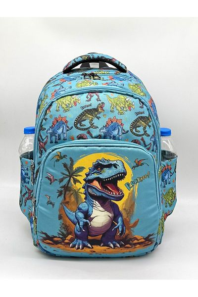 ms mixxstore Rucsac albastru cu model de dinozaur pentru băiat, cu suport pentru nutriție și creion