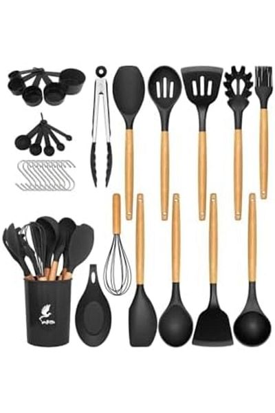STOREMAX Sellbuystore Mikla Heat Resistant Fireproof Non-Stick 33 Piece Silicone Spatula Kitchen Set Black
