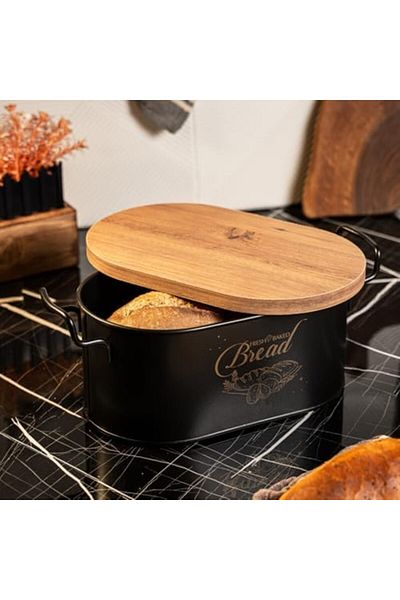 STOREMAX Sellbuystore Metal Wooden Lid Metal Bread Bowl with Wire Handle (Bread Printed) Ln1293S 1053513