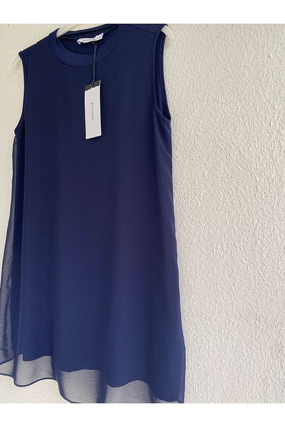 Puane Zero Sleeve Front Chiffon Detail Combed Cotton Underwear Tunic 10270 - Navy Blue