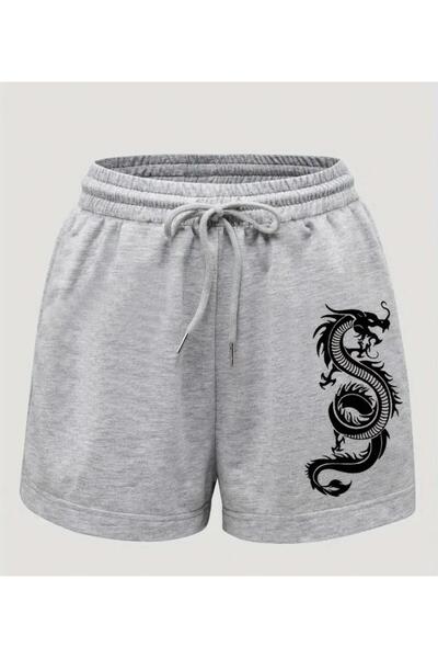 caddekombin شورت برمودا رجالي بطبعة تنين مع تفاصيل حبل جيب، مقاس عادي، رمادي