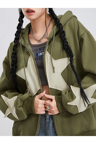 EDVESS Hooded jacket y2k zipper star print long sleeve aesthetic coat harajuku streetwear