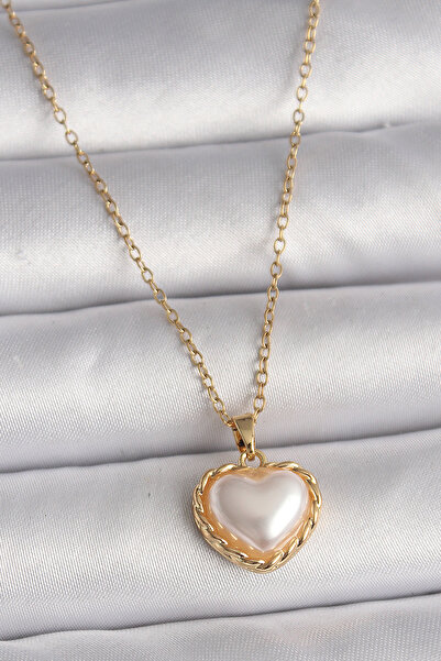 Twin Store 316L Steel Gold Color Chain 3D Pearl Heart Model Women's Necklace
