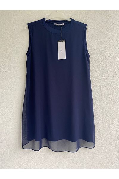 Puane Zero Sleeve Front Chiffon Detail Combed Cotton Underwear Tunic 10270 - Navy Blue