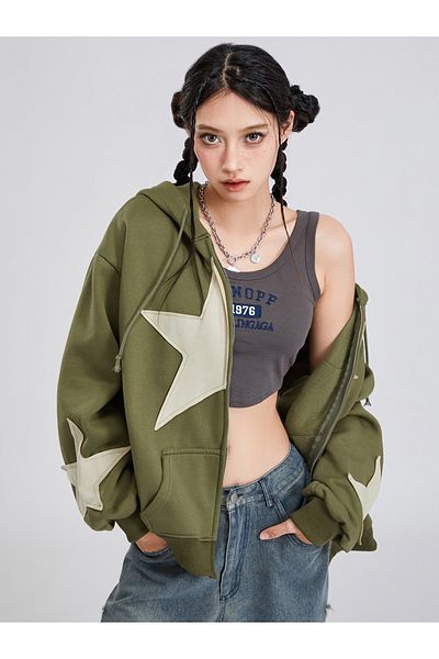 EDVESS Hooded jacket y2k zipper star print long sleeve aesthetic coat harajuku streetwear