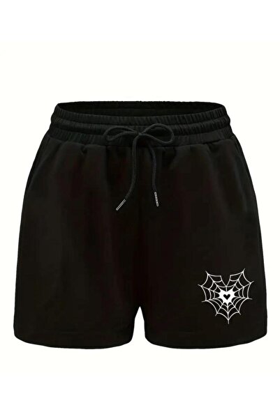 caddekombin Γυναικείο μαύρο σορτς με στάμπα με καρδιά από αράχνη, με τσέπες βερμούδας και κορδόνι, άνετο και μοντέρνο