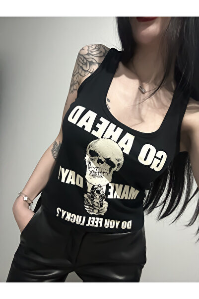 DarkellaStore Gothic Punk Go Ahead Make My Day Askılı T-Shirt