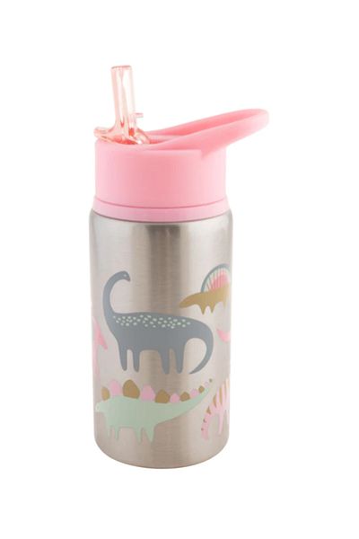 Stephen Joseph Stainless Steel Drinking Bowl with Straw Pink Dinosaur