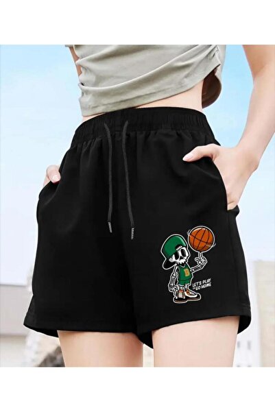 caddekombin Γυναικείο σορτς Lets Play με στάμπα Bermuda με τσέπες και κορδόνι Comfort Fit Mold Μαύρο σορτς
