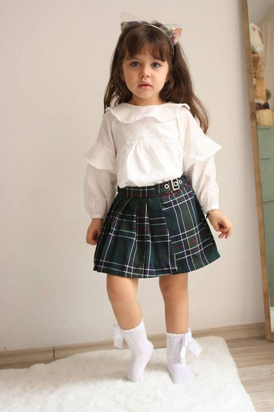 anonim Girl's Plaid Print Shorts Skirt Shirt Set