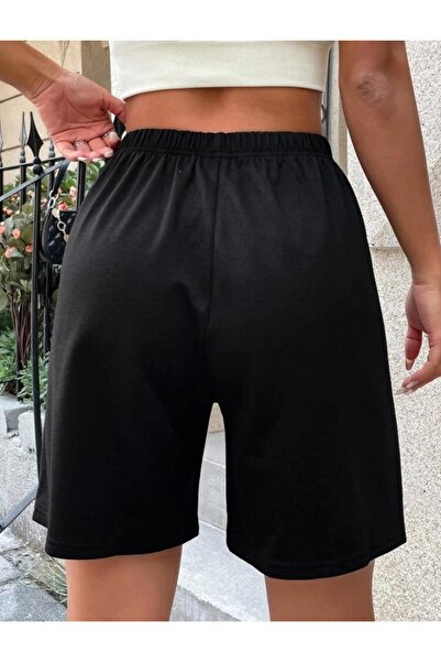 caddekombin Unisex Yandan Şerit Baskılı Bermuda Cepli Kordonlu Rahat Kalıp Siyah Şort