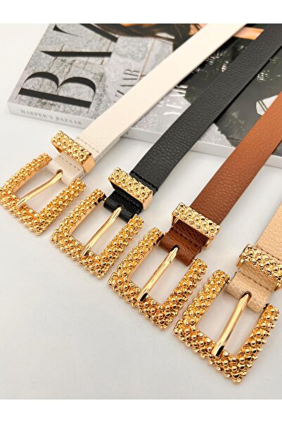 MODAM HİFA 4-Piece Embossing Gold Buckle Women's Belt Trouser Belt Dress Belt Shirt Belt Coat Belt