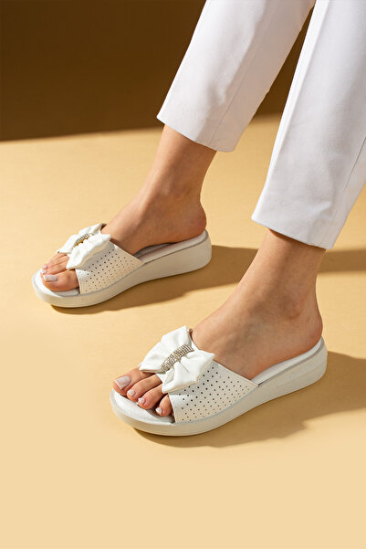 WMİLANO New Season White Comfortable Light Sole Daily Buckle Wedge Heel Slipp...