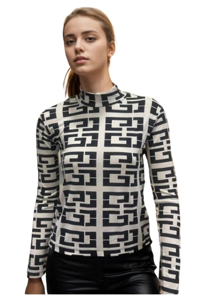 Cassime White and Black Print Women's Long Sleeve Blouse