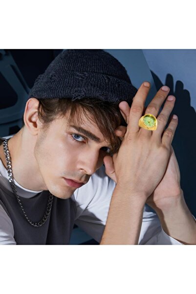 Bozhi Yüzük Saat Zarif Aksesuar Gold Yeşil Yüzük Saat Yaldız Kadran Altın Ren...