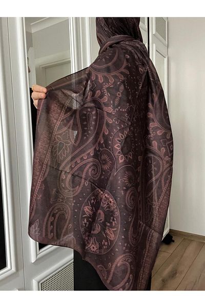 AMİNENESİL Aminenesil Ethnic Pattern Soft Cotton Shawl Dark Plum Color