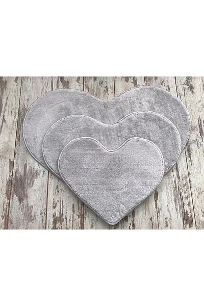 Dokumacıoğlu Elite Heart Model 3-Pece Grey βελούδινο χαλί μπάνιου Σετ πατάκι μπάνιου Αντιολισθητικό σετ καθίσματος τουαλέτας