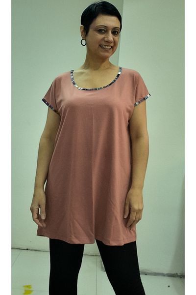Mertcan Butik Μπλουζάκι βισκόζης με χαμηλό μανίκι με χρώμα ροδακινί με μέγεθος ολόκληρο