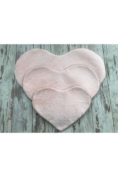 Dokumacıoğlu Elite Heart Model 3-Pece Powder βελούδινο χαλί μπάνιου Σετ πατάκι μπάνιου Αντιολισθητικό σετ καθισμάτων τουαλέτας