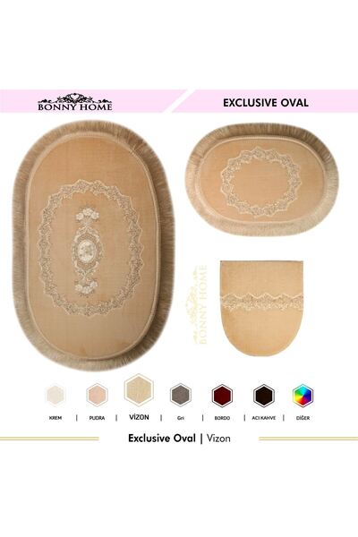 Dokumacıoğlu Σετ 3 εξειδικευμένων χαλιών μπάνιου με οβάλ βιζόν και δαντέλα και κορδόνια - Αντιολισθητικό σετ καθισμάτων τουαλέτας