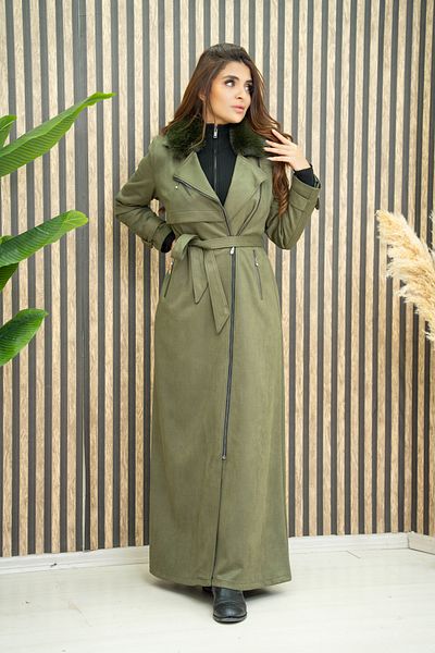 zümrüt moda Long Suede Coat with Fur Collar Detail1630
