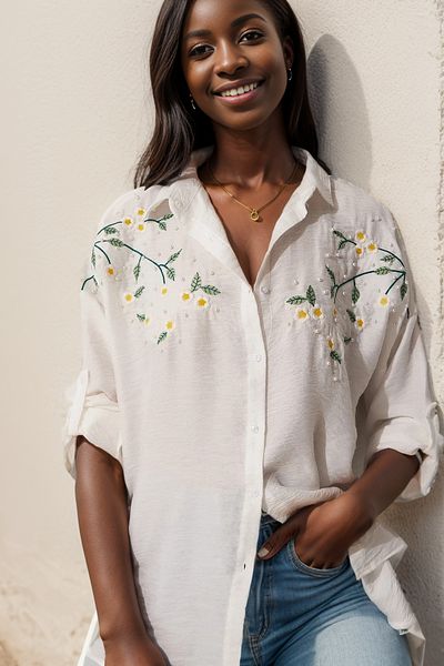 Cassime Cămașă oversize din in alb - Daisy Embroidered, Femei
