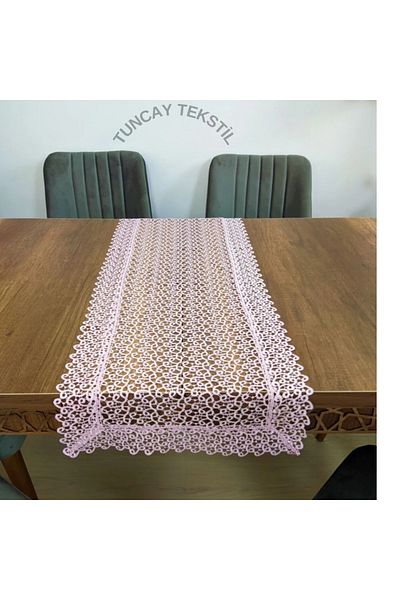 TUNCAY TEKSTİL Ivy Pattern Laced Polyester Runner Ranir Coffee Table Tablecloth French Guipure Cover Powder Pink