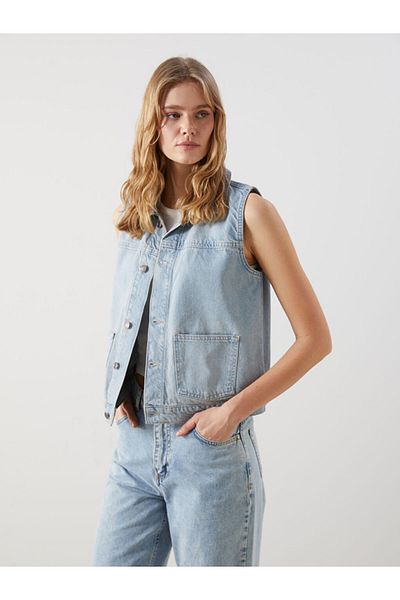 LC Waikiki Vestă de jeans pentru femei cu guler de cămașă de sezon nou - S5DV59Z8