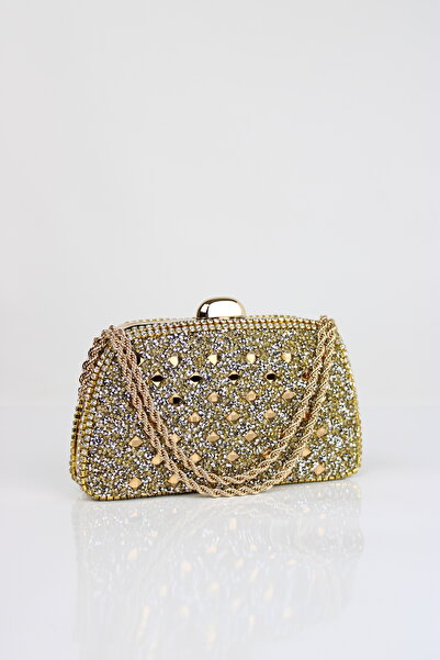 mossi Βραδινή τσάντα με χρυσό χρυσό διπλό πέτρινο στολισμό και λουράκι αλυσίδας με λεπτομέρεια από πέτρα