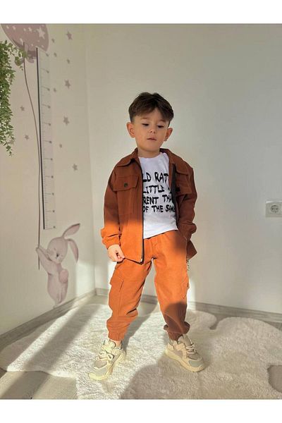 anonim Boy's Gabardine Fabric 3-Piece Suit-Brown