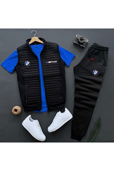 NewCabin Vestă și pantaloni de sport matlasați cu imprimeu BMW Mpower - Set tricou 3 piese