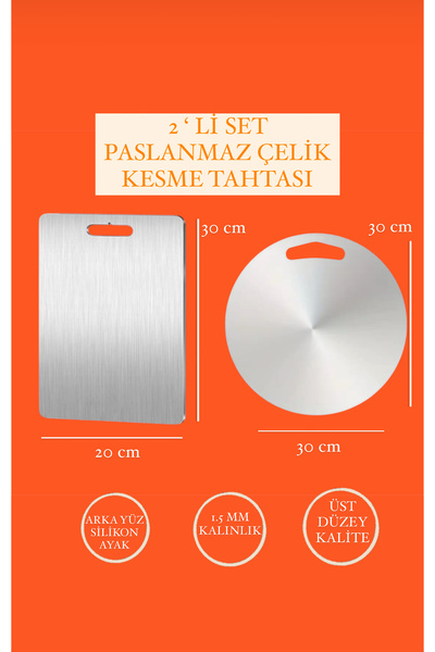 Stainless Art 2’ Li Set Paslanmaz Çelik Kesme Tahtası (30x30-20x30 Cm) Üst Dü...