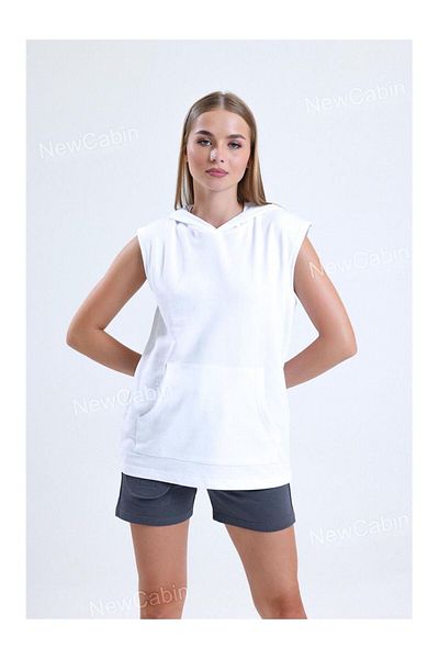 NewCabin Tricou sport alb cu glugă, cu potrivire relaxată, sezon nou