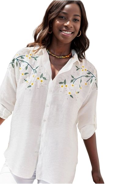 Cassime Cămașă oversize din in alb - Daisy Embroidered, Femei