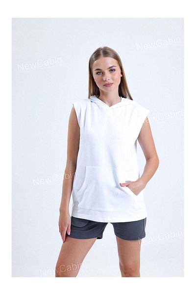 NewCabin Tricou sport alb cu glugă, cu potrivire relaxată, sezon nou