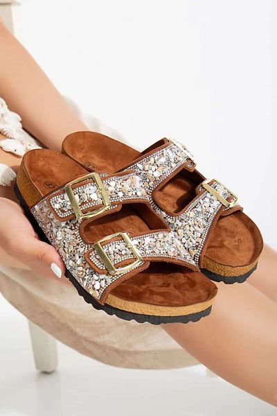 innsteal Milano Collection Natural Stone Embroidered Double Buckle Women's Slippers 25/Summer