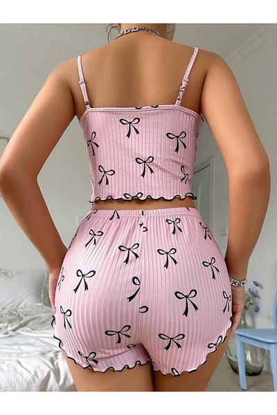 MEYLİYA Black Strap Shorts Set - Ribbon Camisole