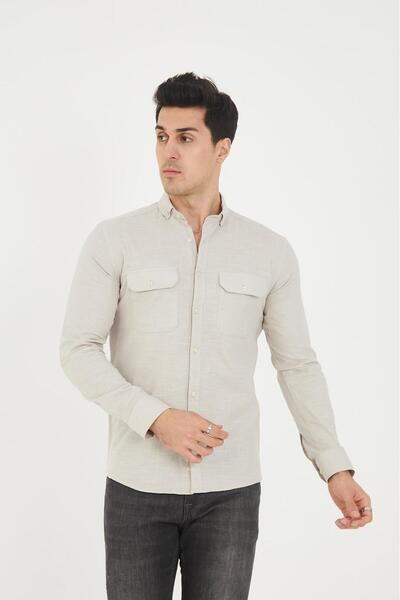 jack carisma Double Pocket Flap Lycra Cotton Linen Texture Slim Fit Men's Shirt