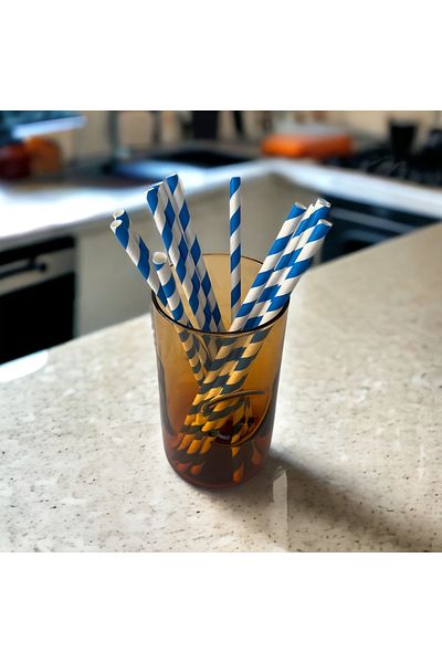 Krm Ambalaj 6*20 cm Blue and White Striped Paper Straws, 25 Pieces
